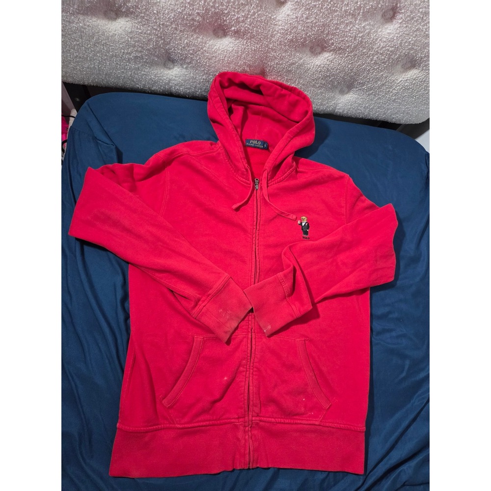 Polo Ralph Lauren Mens Red Polo Bear Full Zip Hoodie Fleece Sweatshirt Large